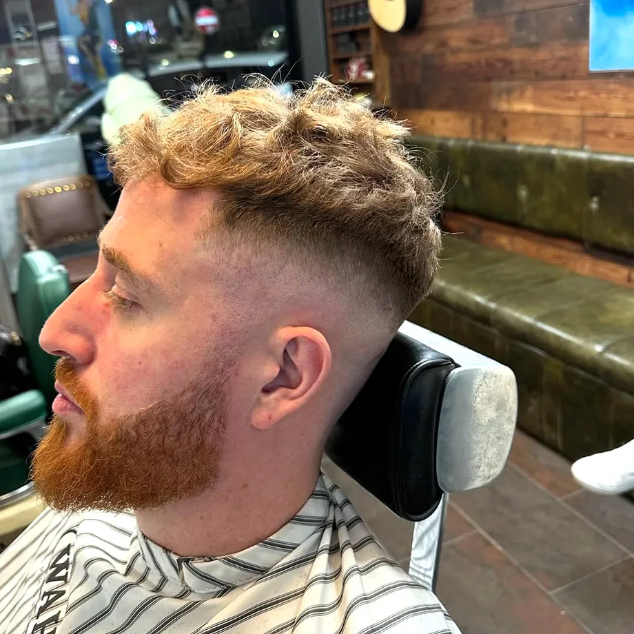 A finished copper beard and curly fade at Dapper Chaps, Sheffield